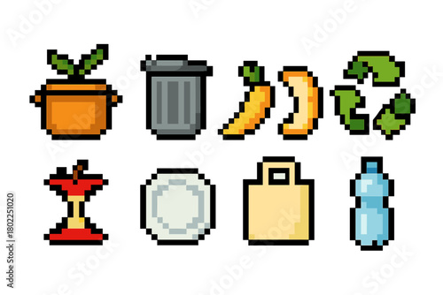 Recycling 8-bit icon set. Waste, sustainability icons in pixel art style
