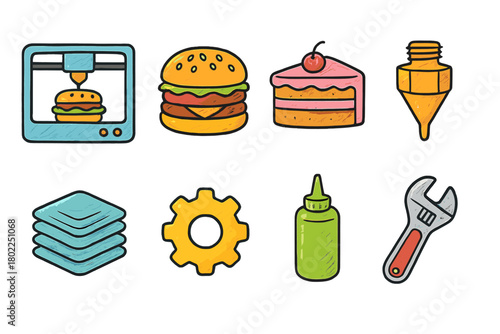 Culinary, tools and 3d printer icon set. Food, gear, and instrument 3d collection