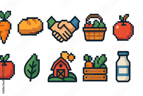 Pixel art icon set: agriculture, farm, nature, gardening icons in pixel style