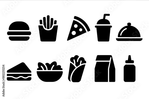 Fast food silhouette icon set. Burger, pizza, drink, snack solid icons collection