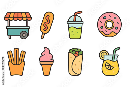 Food and drink icon set. Colorful flat icons for culinary, snacks, beverages