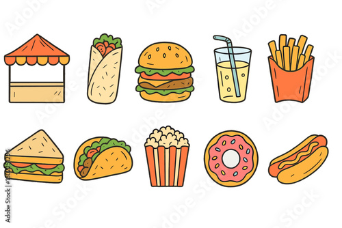 Food and drink icon set. Flat, colorful icons for menus, cafes, restaurants.