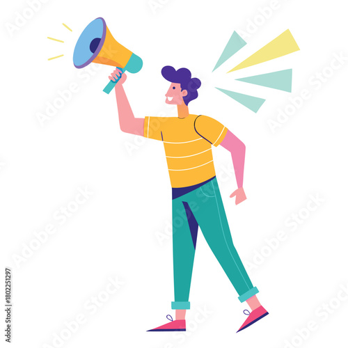 Flat illustration of a man enthusiastically raising a megaphone to make an announcement or share information