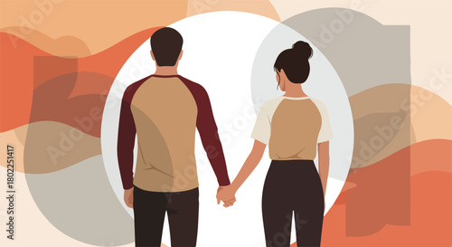 A man and woman holding hands, seen from behind, against an orange and white abstract background.