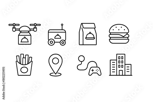 Fast food and delivery line icon set. Burgers, drones, games outlined collection