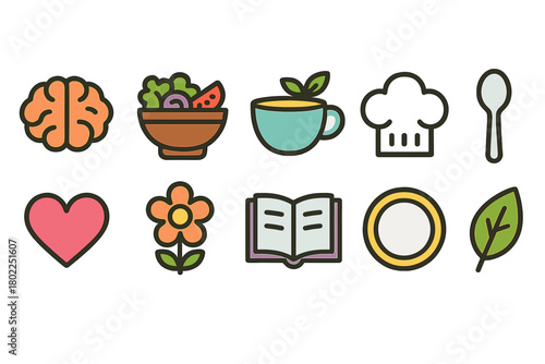 Food and wellness icon set. Healthy living, cooking and nutrition icons outline collection