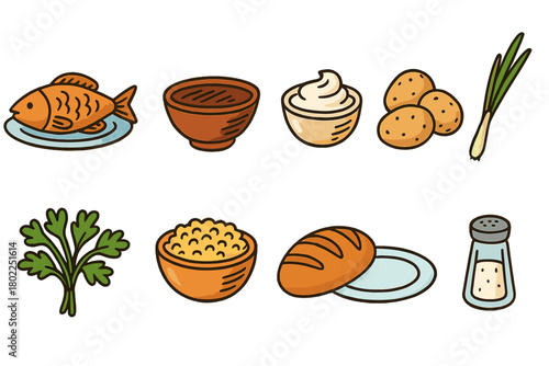 Food and cooking outline icon set. Ingredients, culinary, kitchen essentials collection