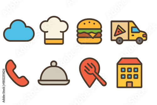 Food and restaurant filled icon set. Flat food delivery and dining icon collection