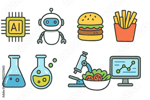 Technology and science, food outline icon set. Ai, robotics, chemistry, fast food
