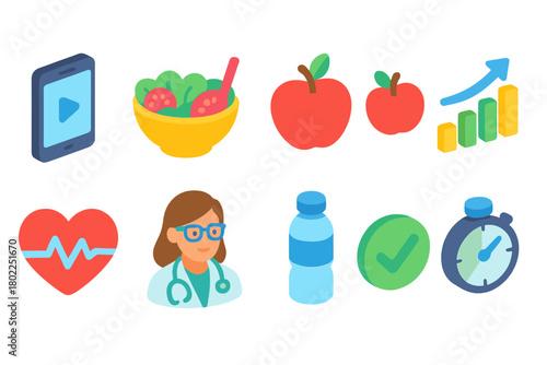 Wellness and health 3d icon set. Fitness, nutrition, heartbeat icons 3d collection
