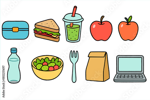 Healthy food, office lunch, flat icon set. Lunch, nutrition icons flat collection