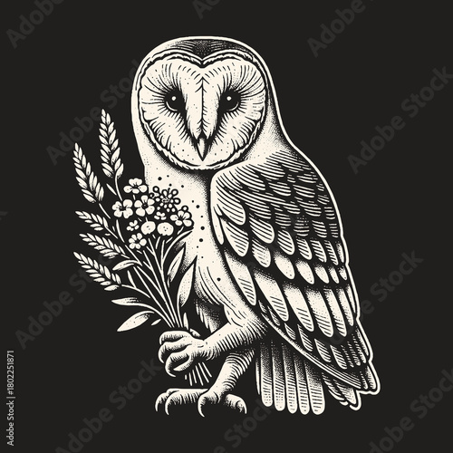 Elegant Barn Owl Holding Flowers and Wheat on Black Background.