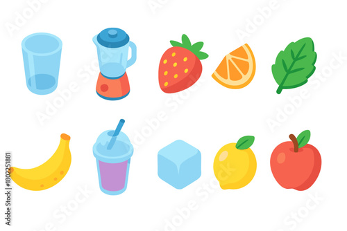 Food and drink flat icon set. Smoothie and fruit icons for healthy living