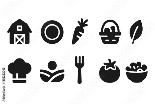 Farm and food solid icon set. Agricultural and culinary icons collection