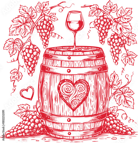 Red Ink Sketch of Wine Barrel with Grapes, Wine Glass, and Heart Motif love