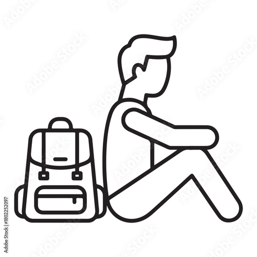 Person sitting next to a backpack icon on a white background male
