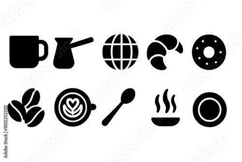 Coffee and breakfast solid icon set. Morning, cafe, breakfast icons collection