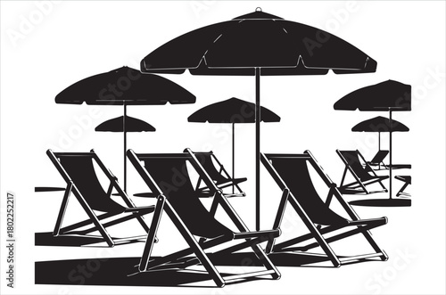 Beach umbrellas and lounge chairs in a simple black and white illustration