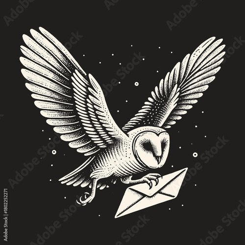 Owl Delivering Letter in Flight Against Dark Background.
