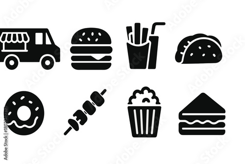 Street food silhouette icon set. Food truck, burger, fries, taco icons silhouette collection