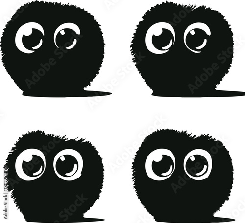 Abstract fuzzy black creature characters with large innocent eyes Vector