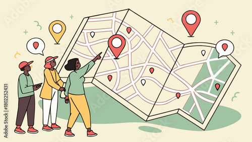 Group of people looking at a large map with location pins and speech bubbles on a light background