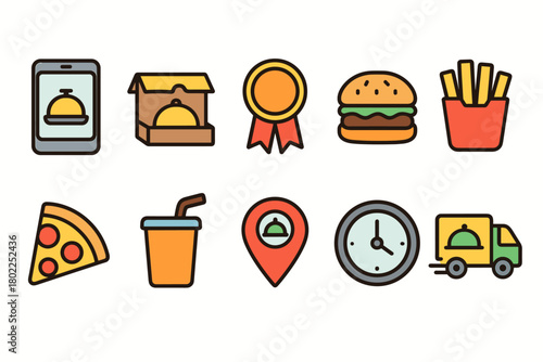 Food delivery flat icon set. Order, fast food, pizza icons collection in flat style