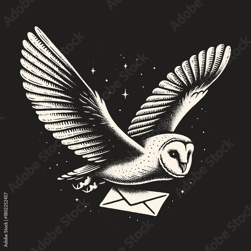 Majestic Owl Delivering Letter Under Starry Night Sky.