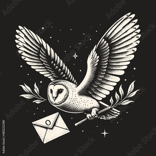 Owl Delivering Letter with Olive Branch in Flight.