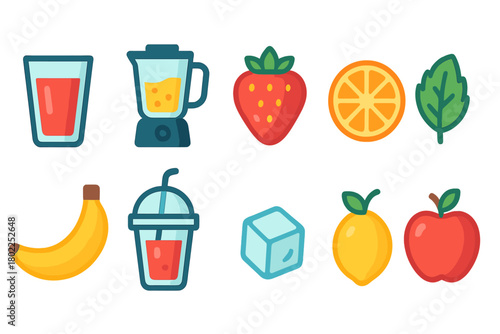 Smoothie and fruit flat icon set. Blender, juice, fruit, drink icons collection