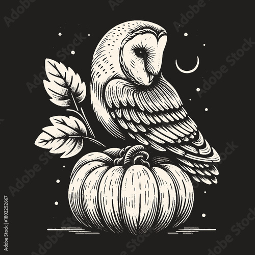 Owl Perched on Pumpkin Under the Night Sky.