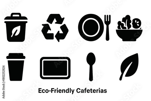 Eco-friendly cafeterias silhouette icon set for sustainable dining spaces