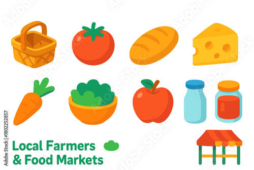 Farmers market icon set. Local, organic produce icons in 3d style