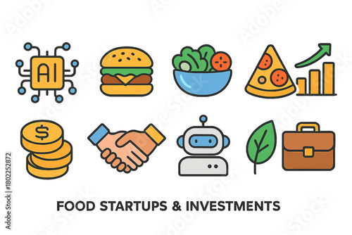 Food startup investments icon set. Ai, finance, growth icons flat collection