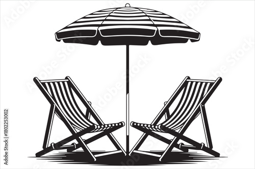 Black and white illustration of a beach umbrella and two deck chairs