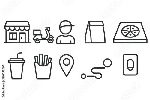 Food delivery icon set. Fast food and takeaway icons in outline style collection