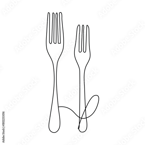 Continuous one line drawing.Forks, spoons, knife plates and all eating and cooking utensils, can be used for restaurant logos, cakes, business art, banners and others. Black and white vector Design.