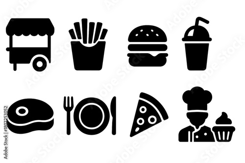 Food and drink silhouette icon set. Restaurant, fast food, beverage icons collection