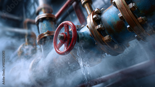 A close-up shot of industrial pipelines with a red valve releasing water or steam. The pipes have a rusty look and the overall scene evokes a sense of industry and potential hazard.