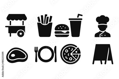 Restaurant and food silhouette icon set. Dining, menu icons in silhouette style