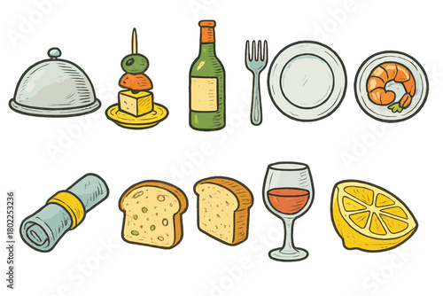 Dining, culinary flat icon set. Food, drink, tableware flat icons collection
