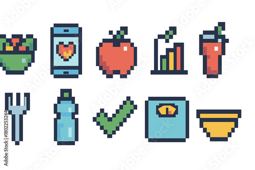 Healthy lifestyle pixel icon set. Fitness, nutrition, wellness pixel collection
