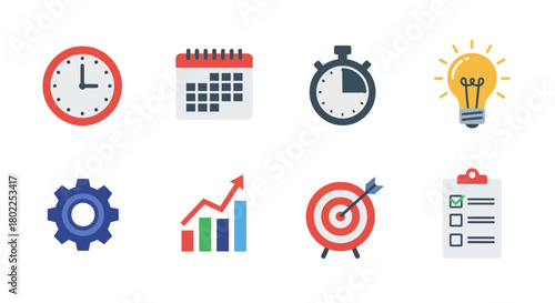Business and productivity icons: time, strategy, success, and innovation