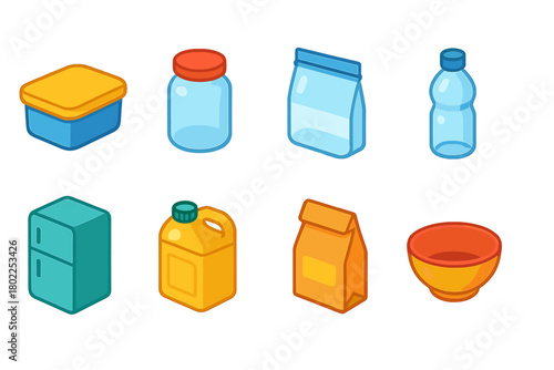 Food storage flat icon set. Containers, refrigerator, jar, bowl flat icon collection