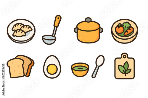 Cooking and kitchen flat icon set. Food preparation, baking, cooking tools collection.