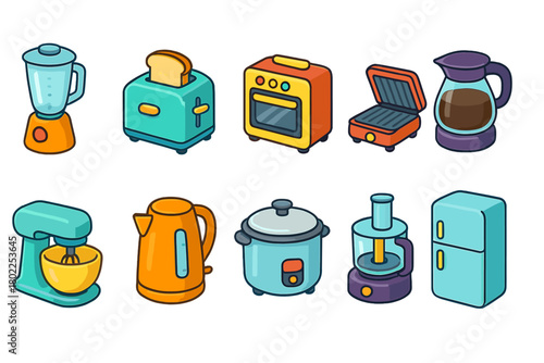 Kitchen appliances icon set. Cartoon, home essentials in a fun filled series.