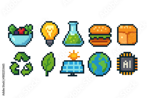 Eco-friendly, sustainable living icon set. Pixel art style, vibrant and engaging icons