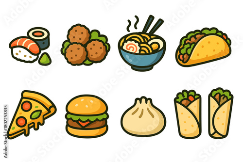 Food and cuisine flat icon set. Fast food, asian cuisine, and snacks in flat style