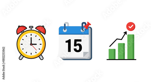 Bright time management icons featuring alarm clock, calendar, and growth chart