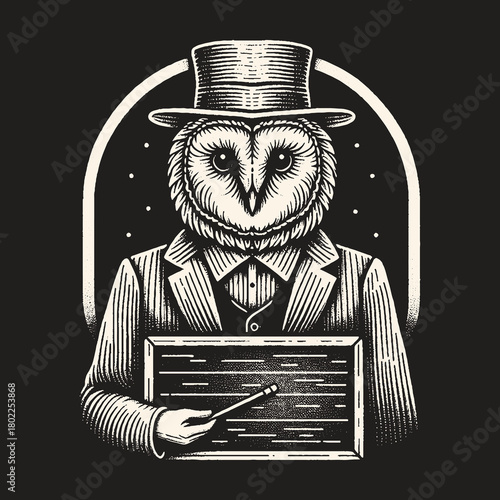 Wise Owl in Suit Holding Blackboard and Pointer.